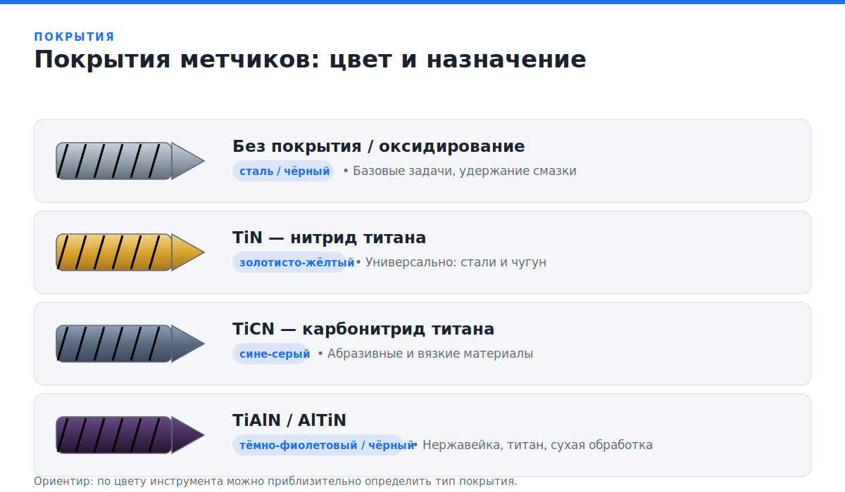 Покрытия метчиков TiN, TiCN, TiAlN Покрытия машинных метчиков TiN, TiCN, TiAlN: цвет инструмента и назначение