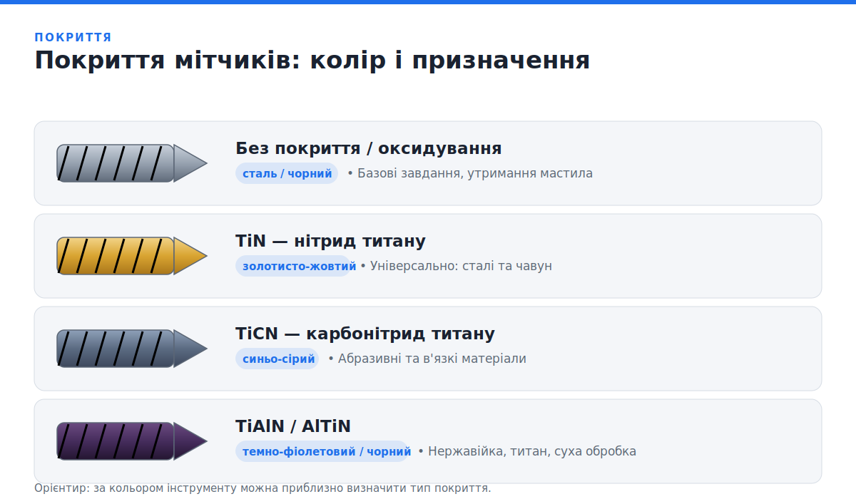Покриття машинних мітчиків TiN, TiCN, TiAlN: колір інструменту і призначення