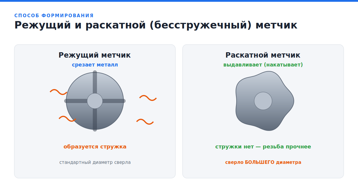 Раскатной и режущий машинный метчик Раскатной (бесстружечный) и режущий машинный метчик: сравнение принципа нарезания резьбы